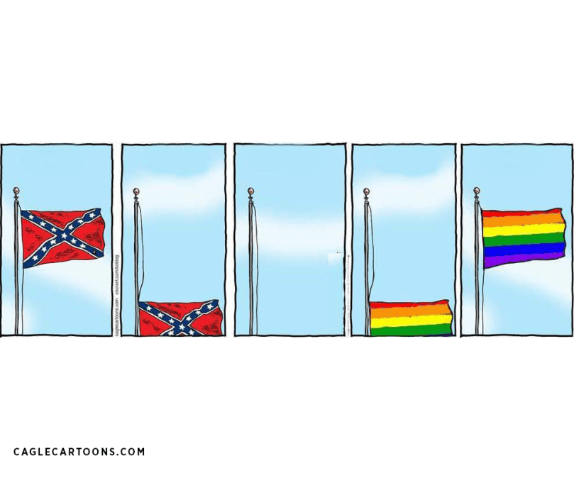 Confederate flag goes down, while Rainbow/Pride flag goes up.